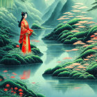 Woman in red traditional attire by serene lake with greenery and mountains.