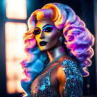 Vibrant portrait with blue and purple hair, dramatic makeup, glittery outfit, neon-lit