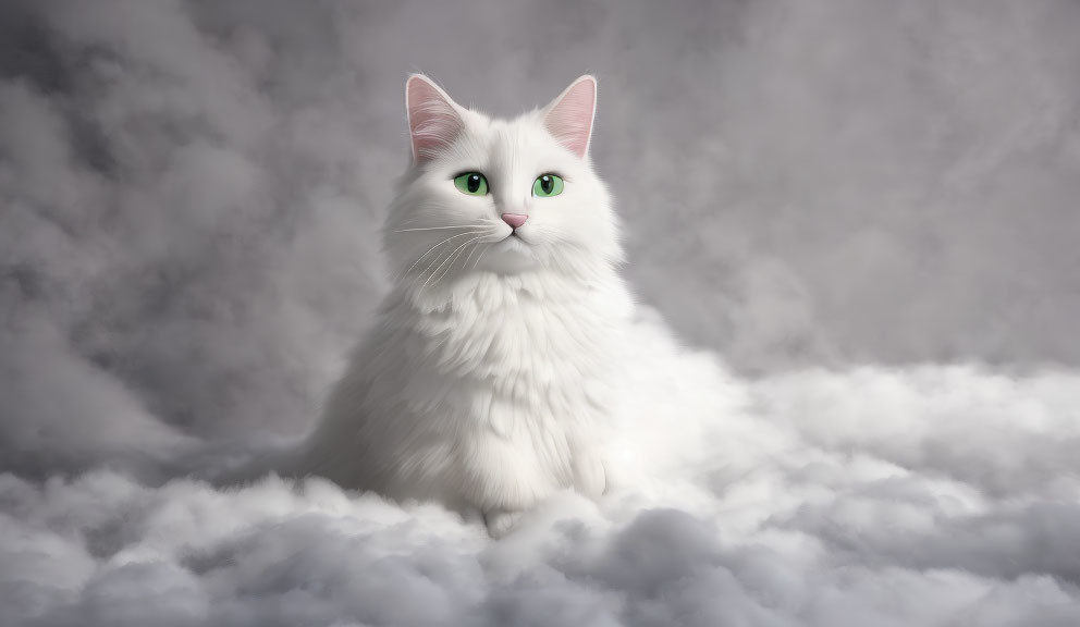 White Cat with Green Eyes Resting on Fluffy Clouds in Grey Background