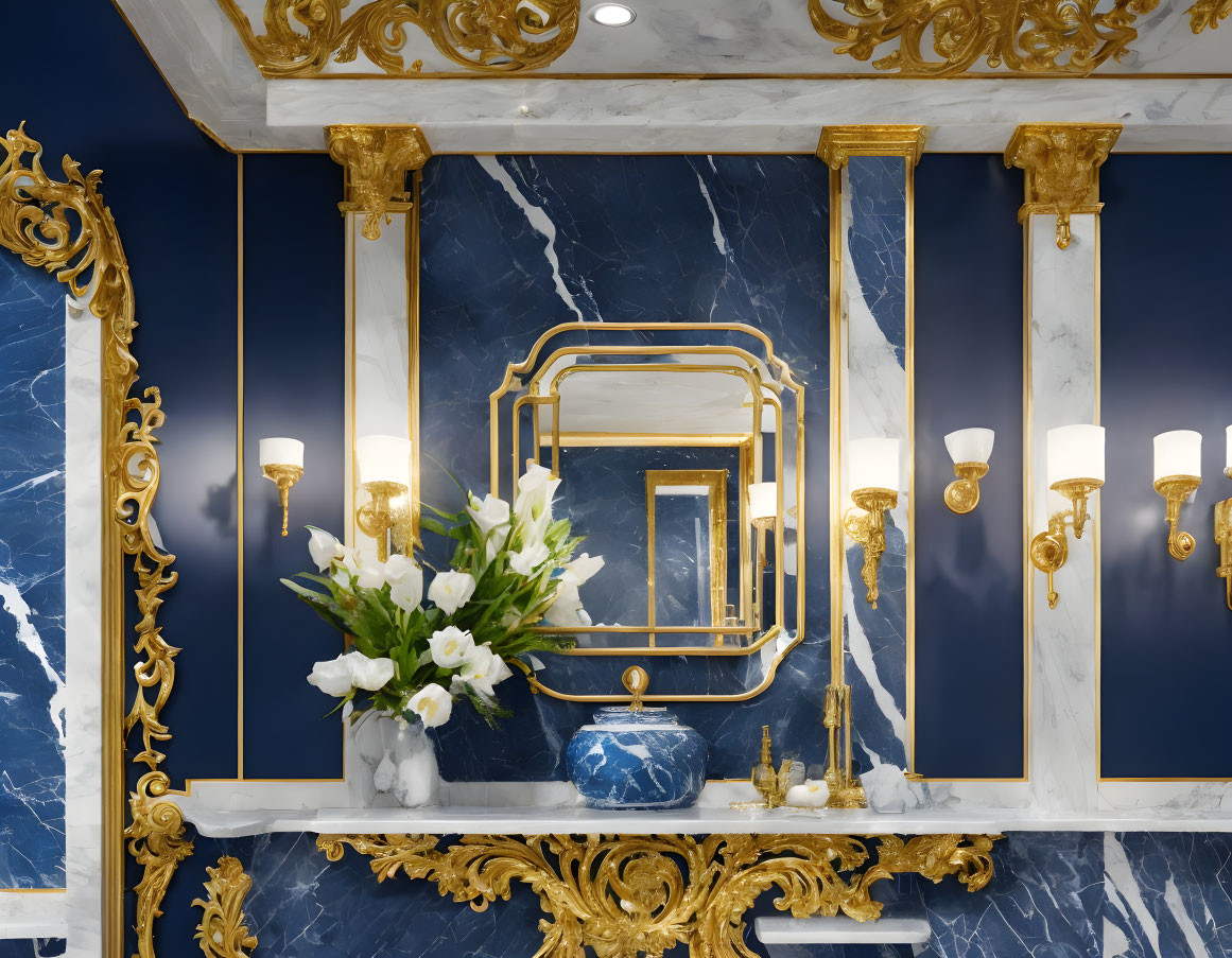 Luxurious Bathroom with Gold and Marble Details and Ornate Decor