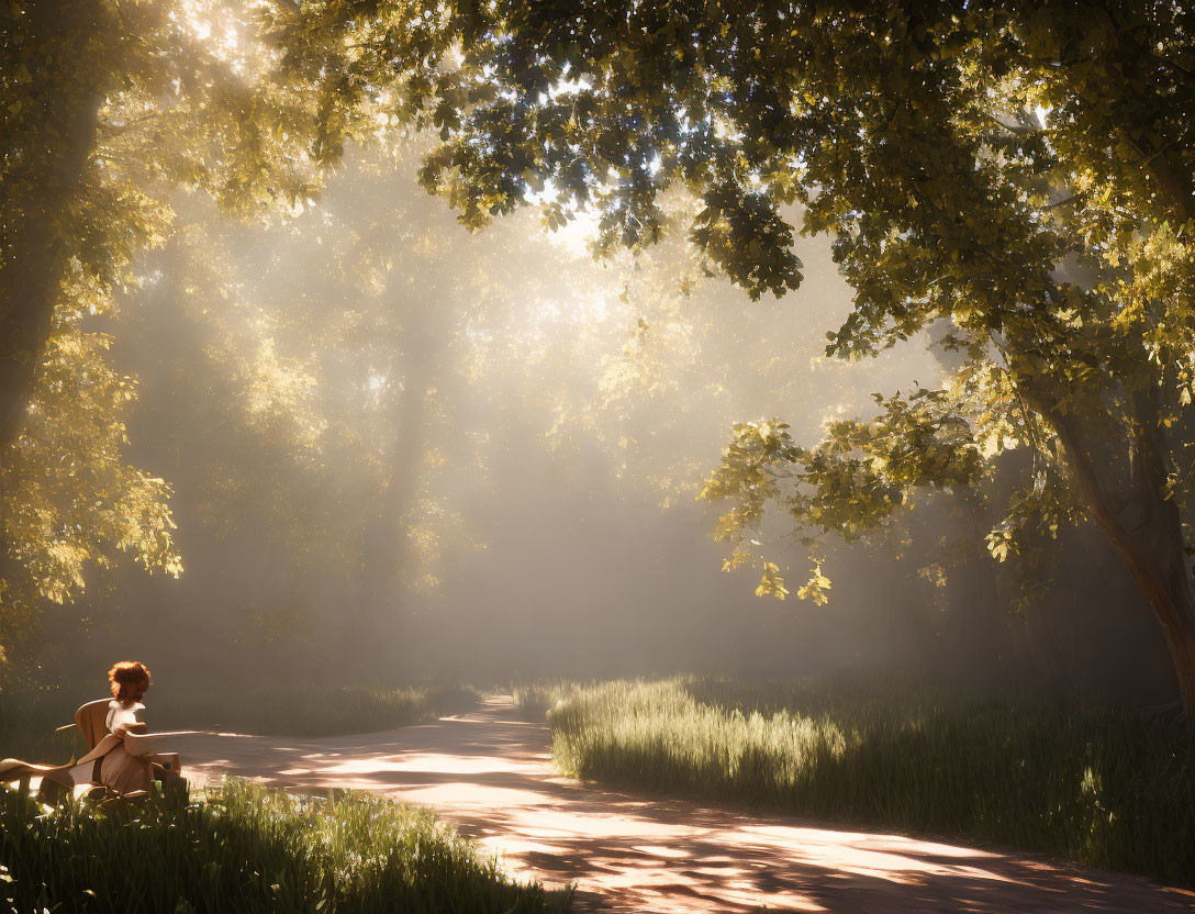 Person sitting in tranquil forest scene bathed in warm sunlight.