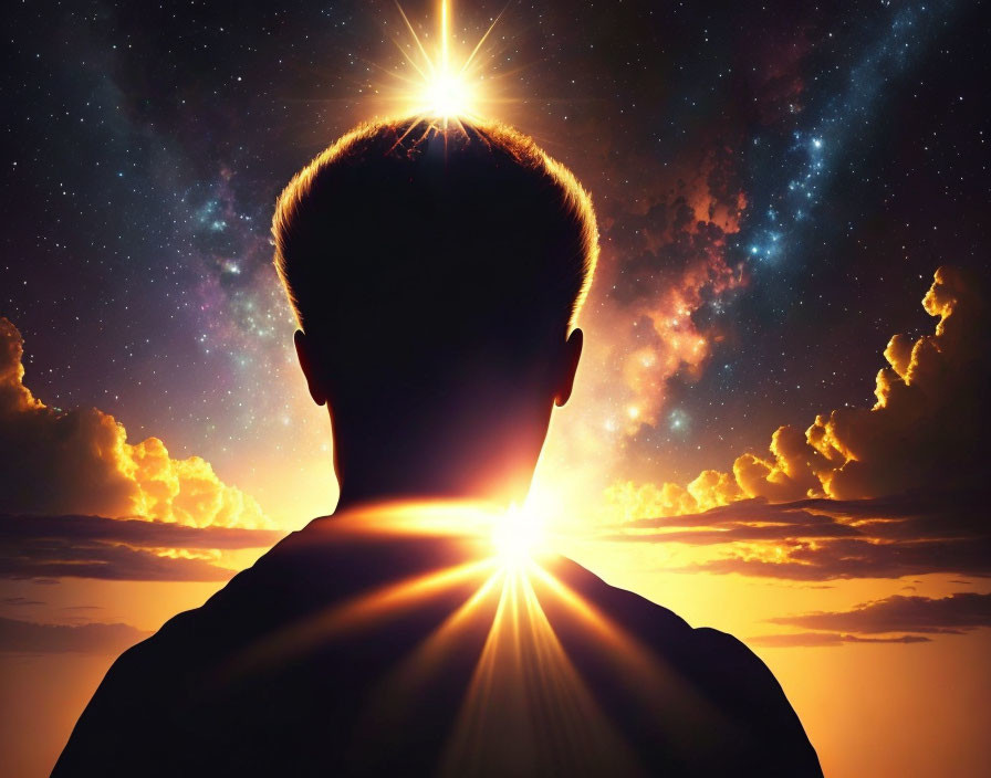 Person's head silhouette with radiant sunburst on cosmic sky backdrop