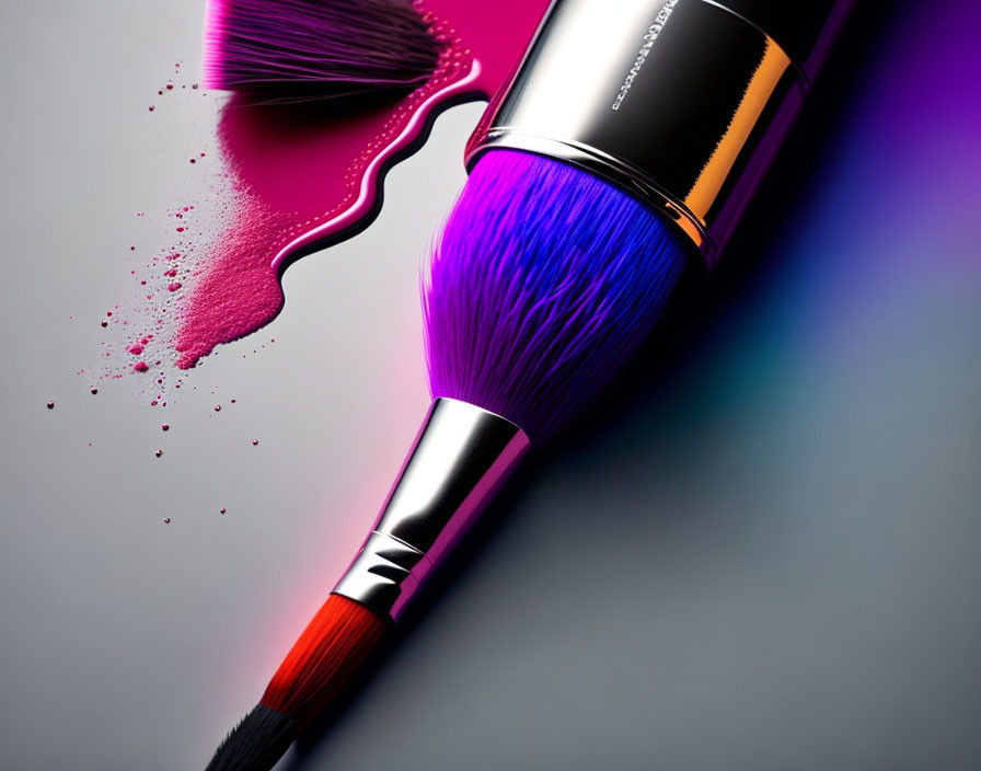 Vibrant Purple and Pink Makeup Brushes on Grayscale Background