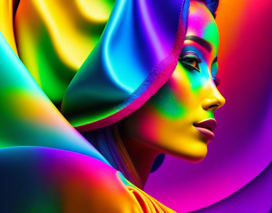 Colorful digital artwork: Woman with vibrant makeup and multicolored shawl on rainbow gradient.