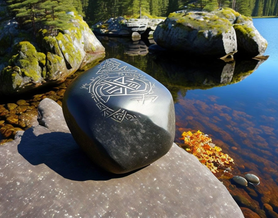 Intricate white symbols on large black stone by clear lake