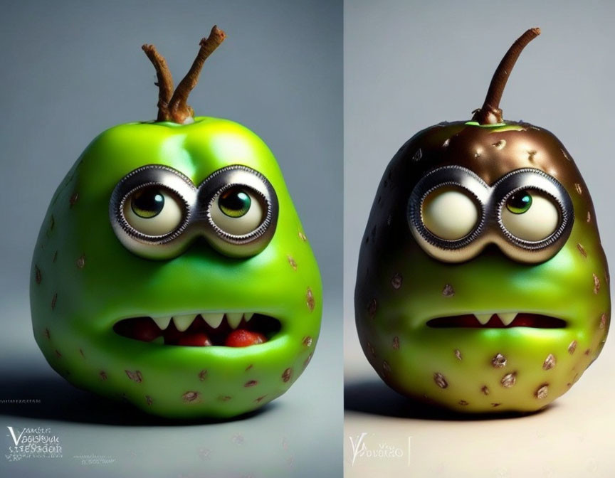 Anthropomorphic pears: one healthy green, the other rotten brown on grey background