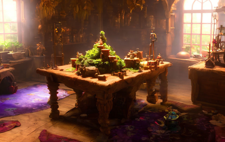 Fantasy workshop with magical artifacts and lush greenery