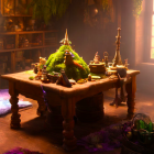 Fantasy workshop with magical artifacts and lush greenery