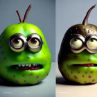 Anthropomorphic pears: one healthy green, the other rotten brown on grey background