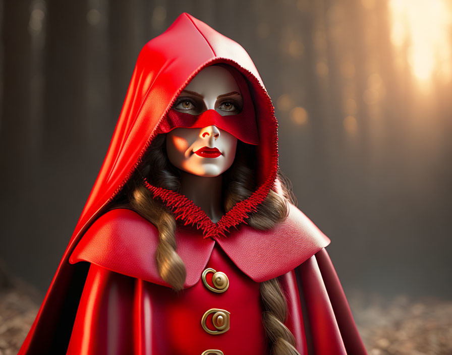 Stylized woman in red cloak with gold buttons in forest setting