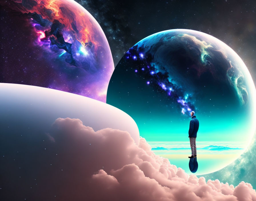 Person standing on clouds viewing vibrant planets in cosmic scene