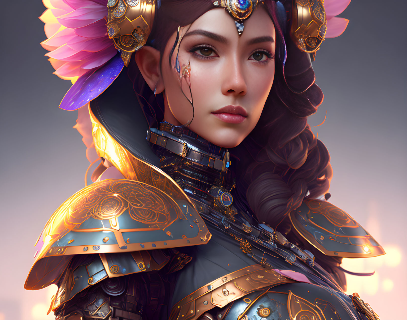 Elaborately designed golden and blue armor on a fierce woman