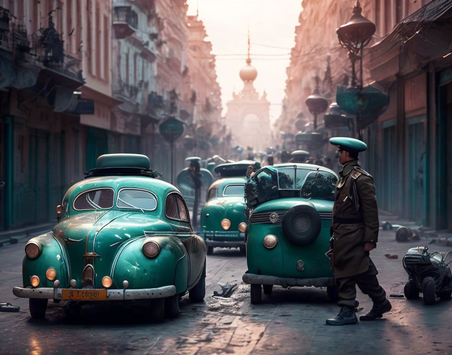 Uniformed Officer Next to Vintage Cars in Historic Street Scene