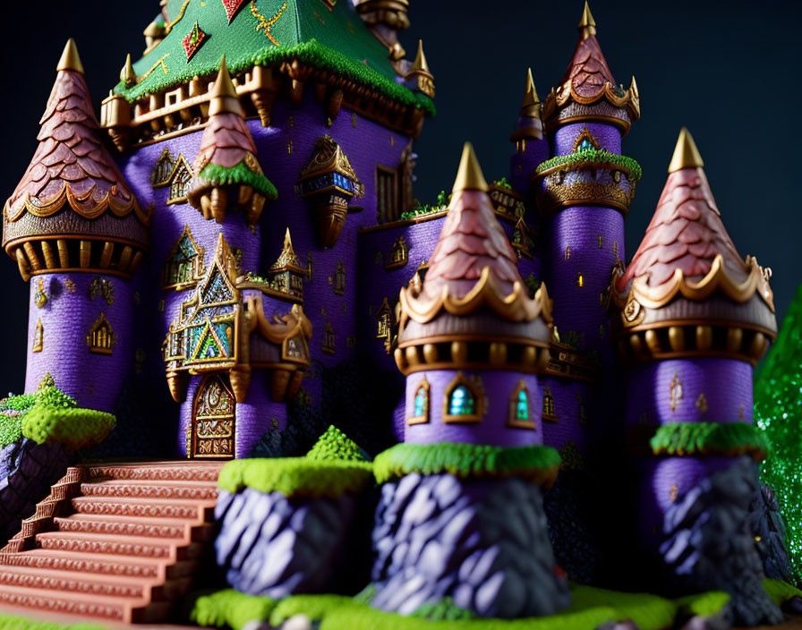 Detailed miniature fantasy castle with purple and gold towers and green accents