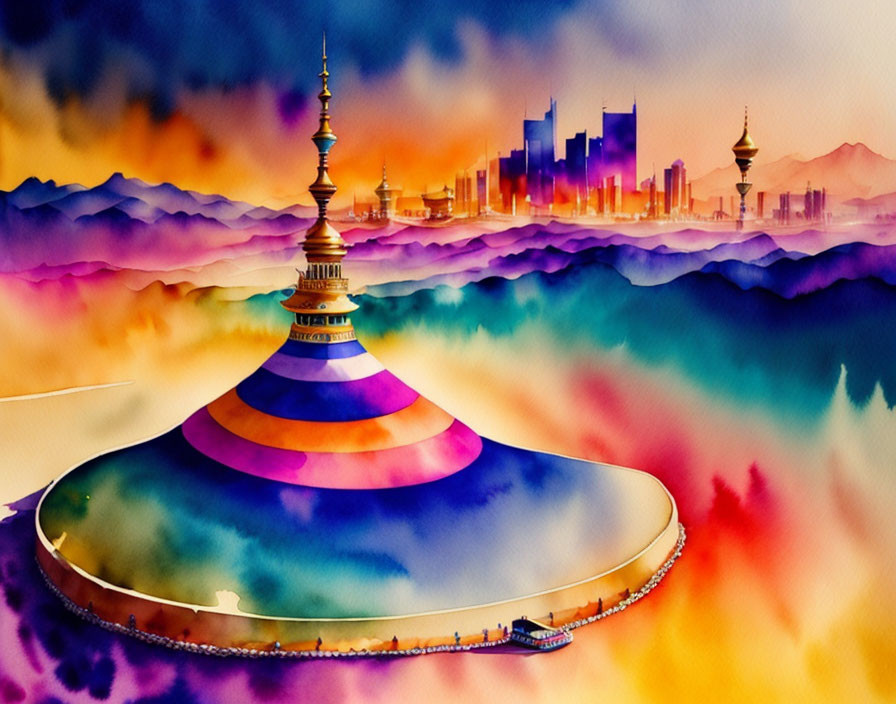 Colorful Pagoda with Misty Mountains and City Skyline in Watercolor