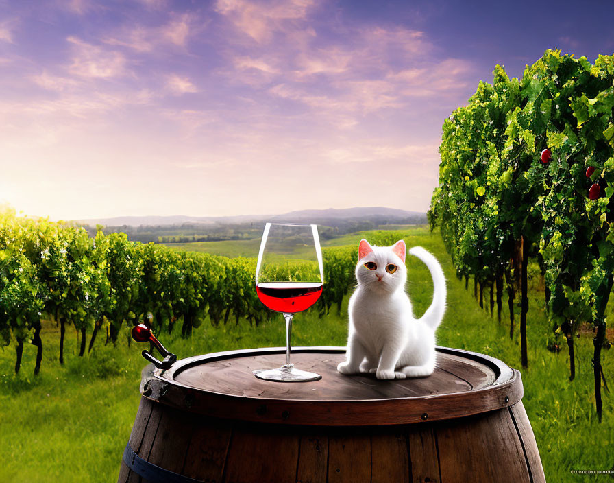 White Cat on Wooden Barrel in Vineyard with Red Wine and Grapevines