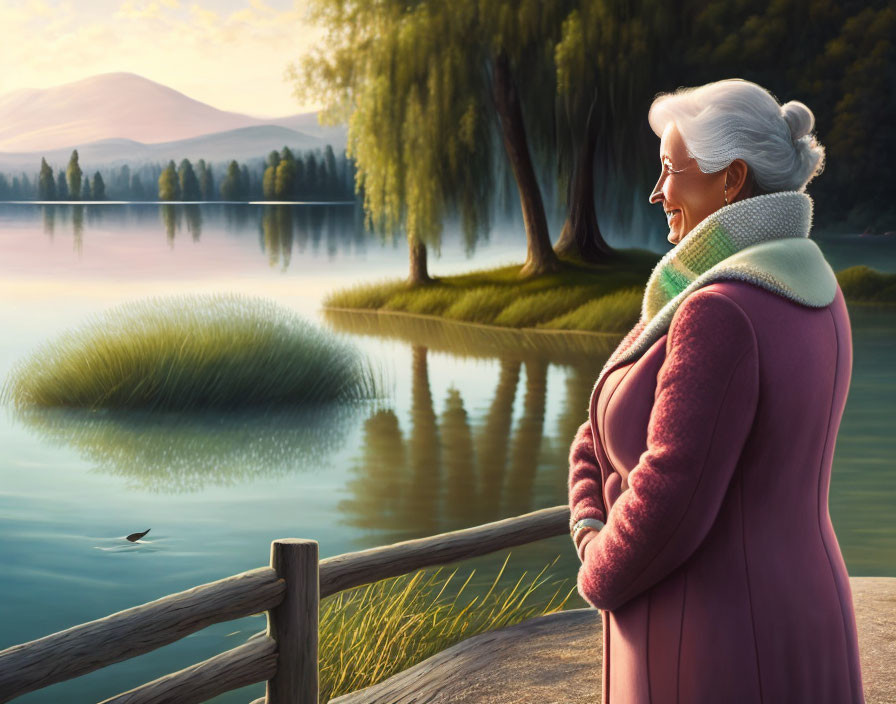 Elderly woman in warm coat admires serene lake at sunset