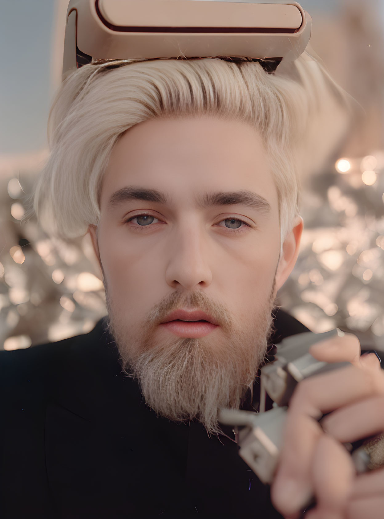 Person with Platinum Blonde Hair Holding Glasses and Balancing Phone on Head in Sunlit Background