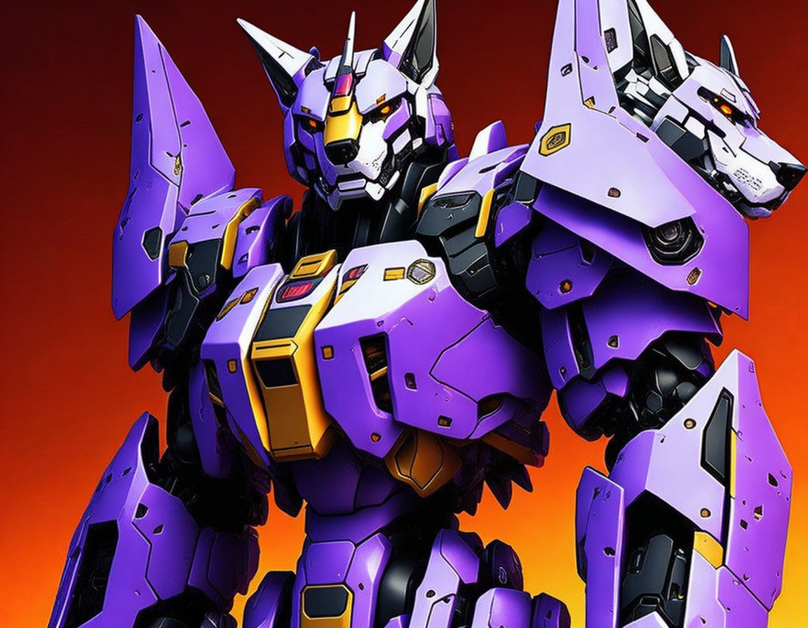 Purple and Yellow Mecha Robots on Orange Background