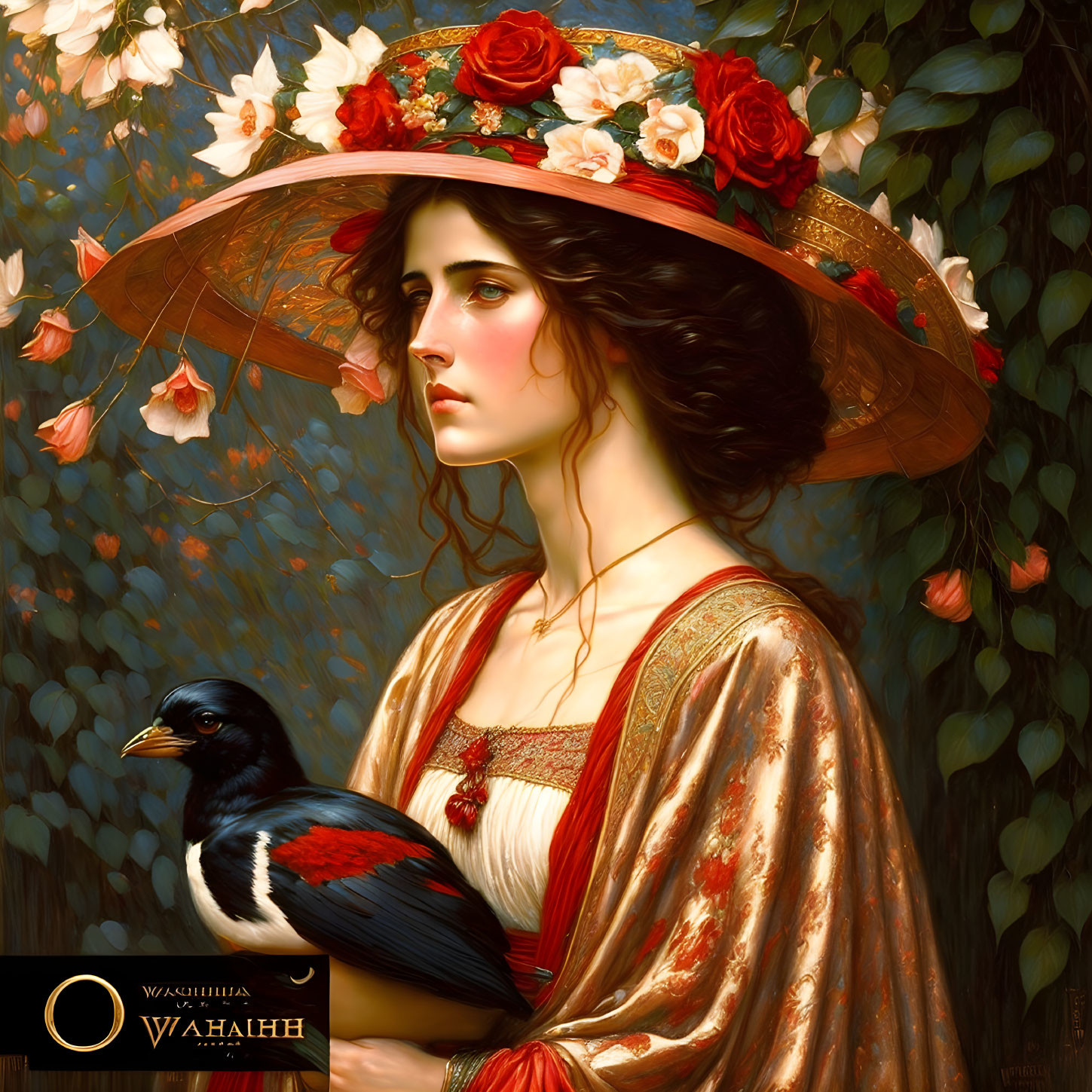 Vintage Woman Painting with Red Roses and Bird in Black and White