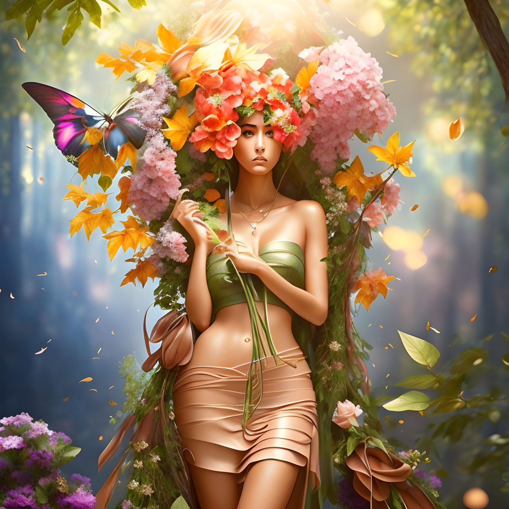 Fantasy-inspired scene with woman in floral crown, surrounded by nature and mystical forest.