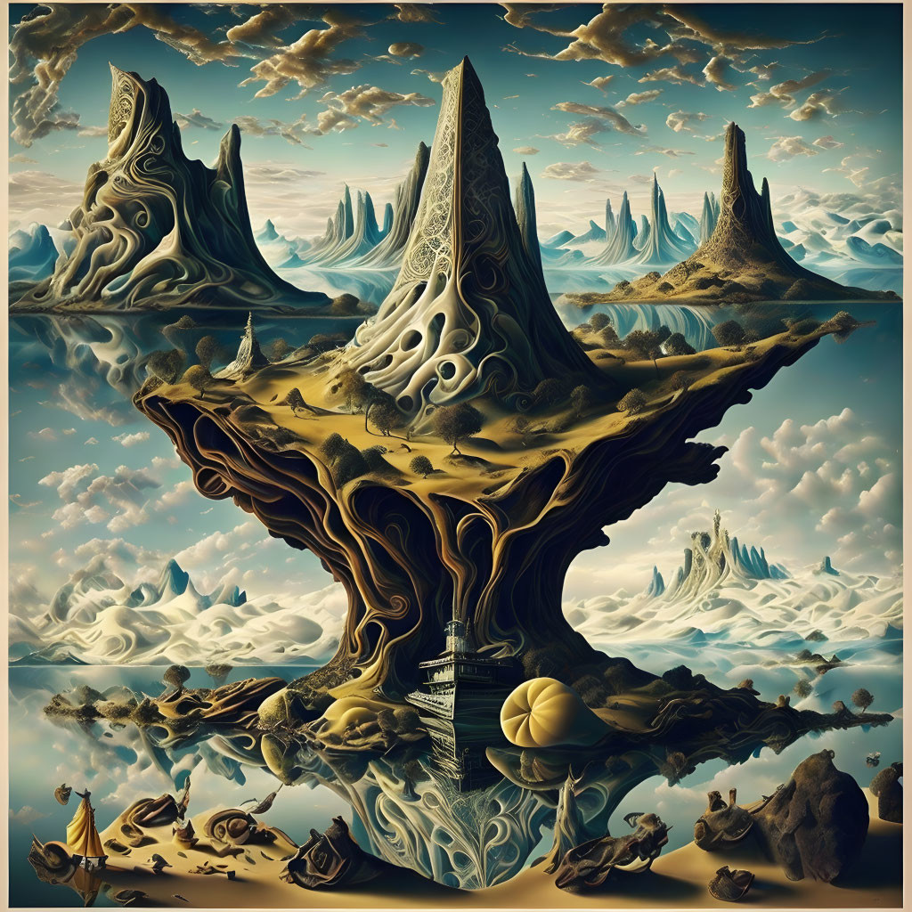 Surreal landscape with dream-like rock formations and figures under cloudy sky