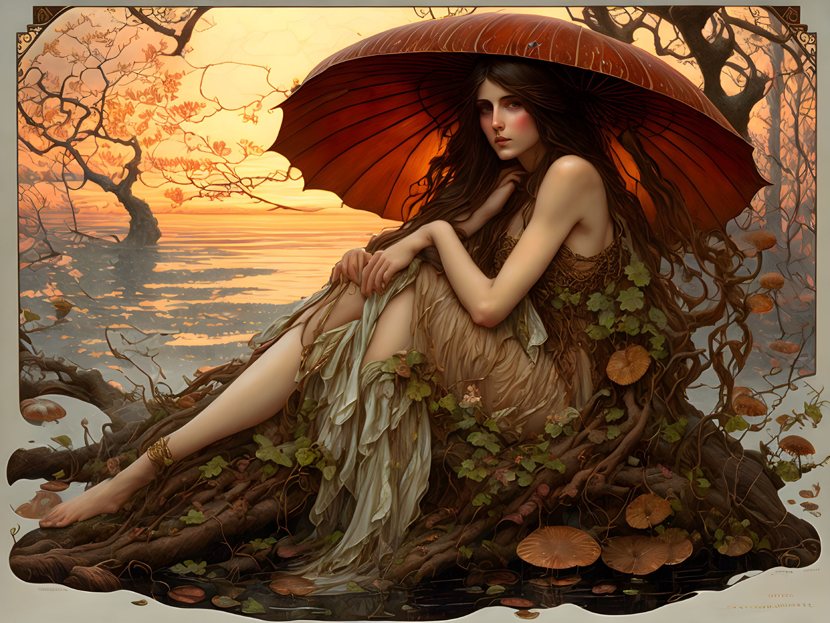 Woman with umbrella sitting on roots by tranquil sea at sunset surrounded by autumn leaves and orange tree