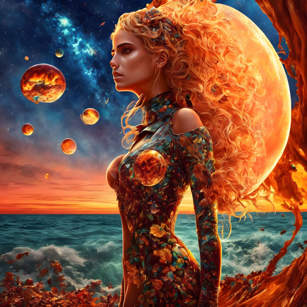 Fantasy illustration: Woman with fiery hair in celestial dress by sea at sunset