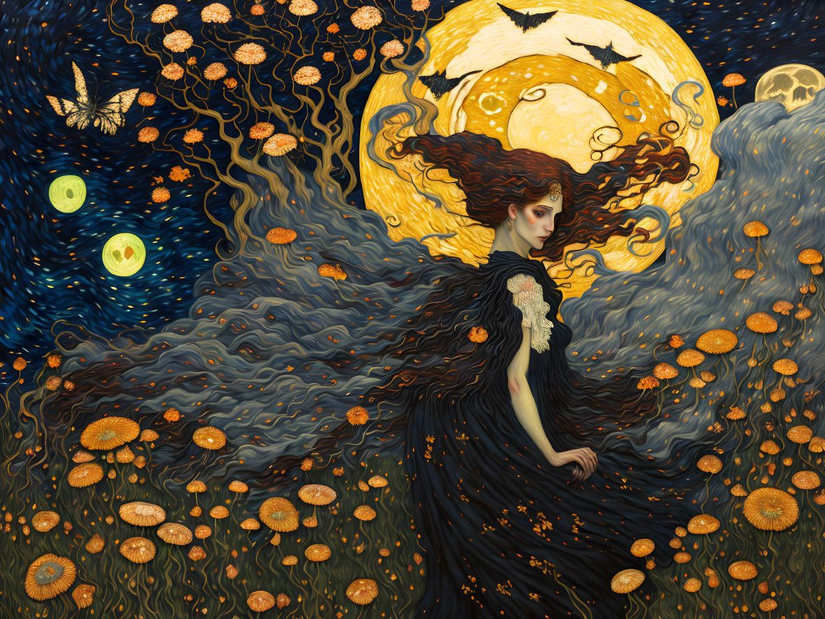 Woman with flowing hair in night sky with moons, stars, butterflies, mushrooms, and florals