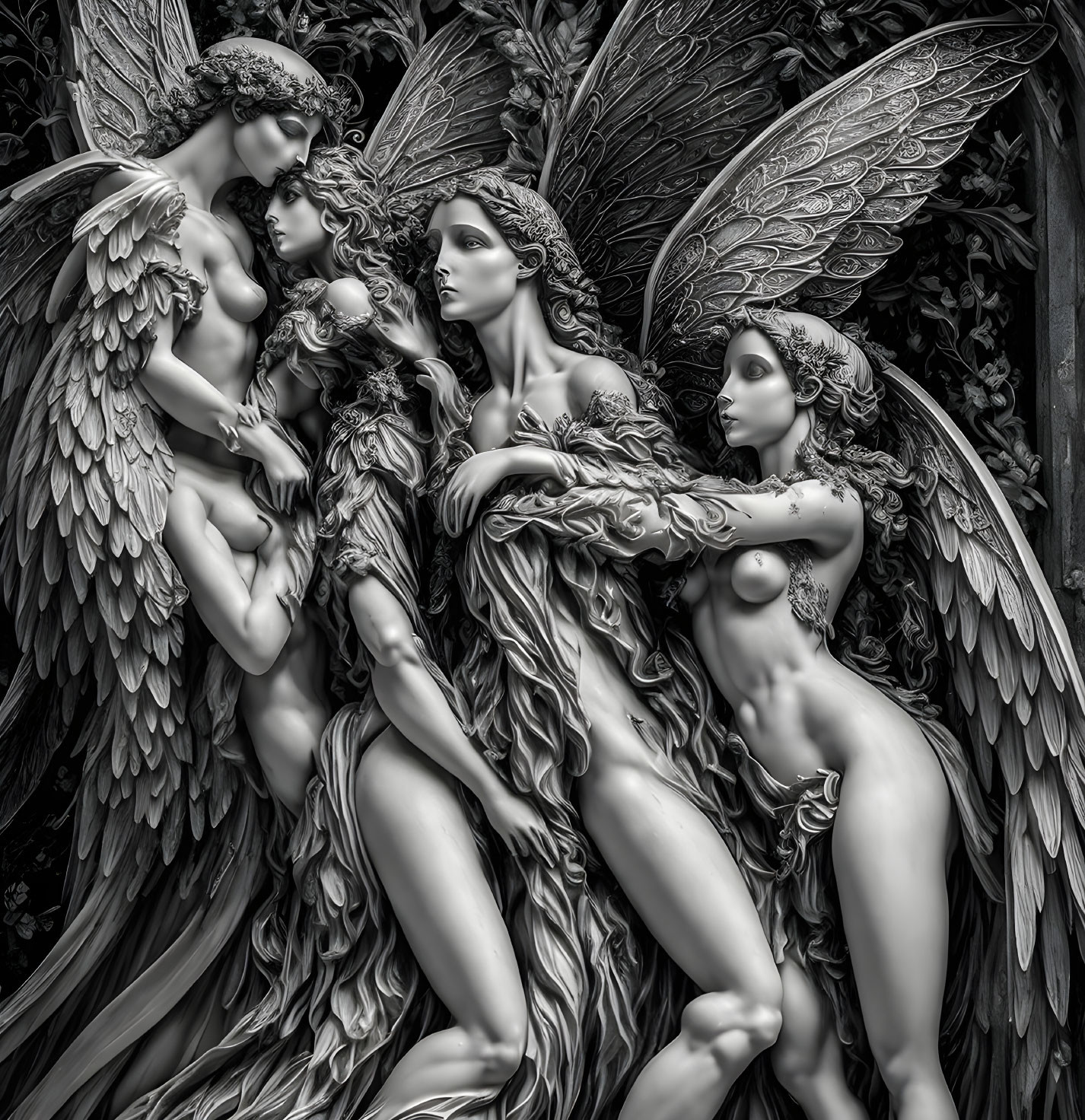 Monochrome sculpture of three angelic figures with intricate wings and flowing robes