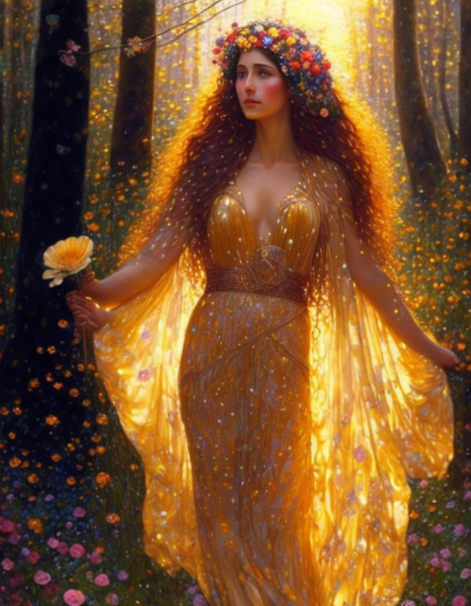 Woman in Golden Dress with Floral Crown in Forest Holding Flower