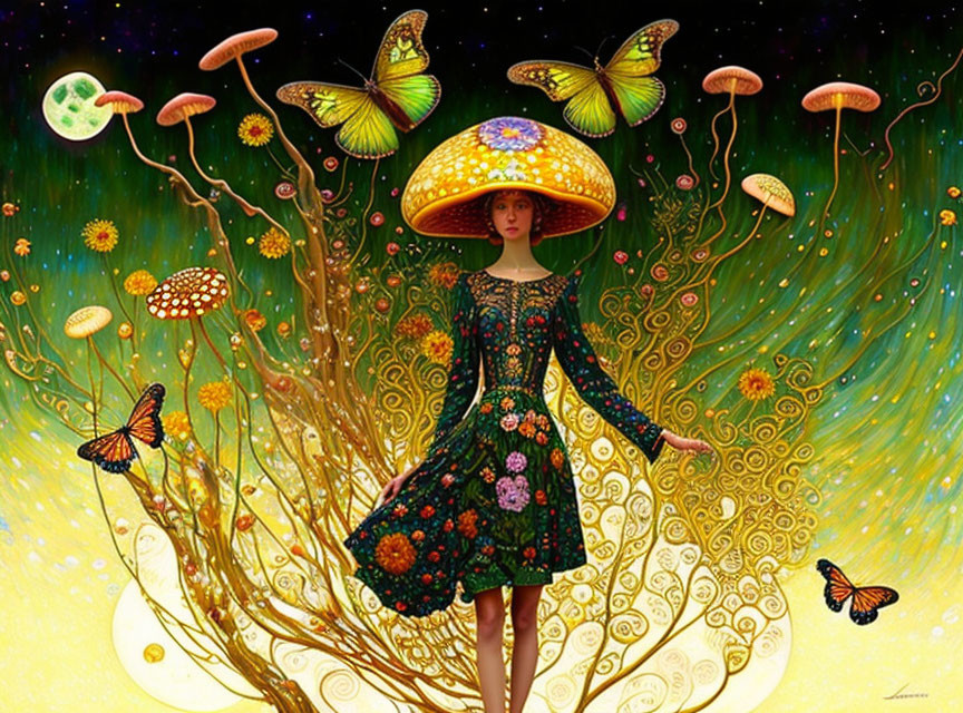 Illustration of woman with mushroom hat, butterflies, and fantastical plants under starry sky