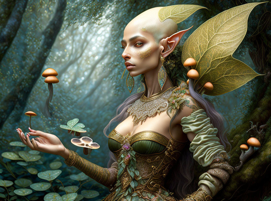 Fantasy image of an elf with leaf-like ears in lush forest