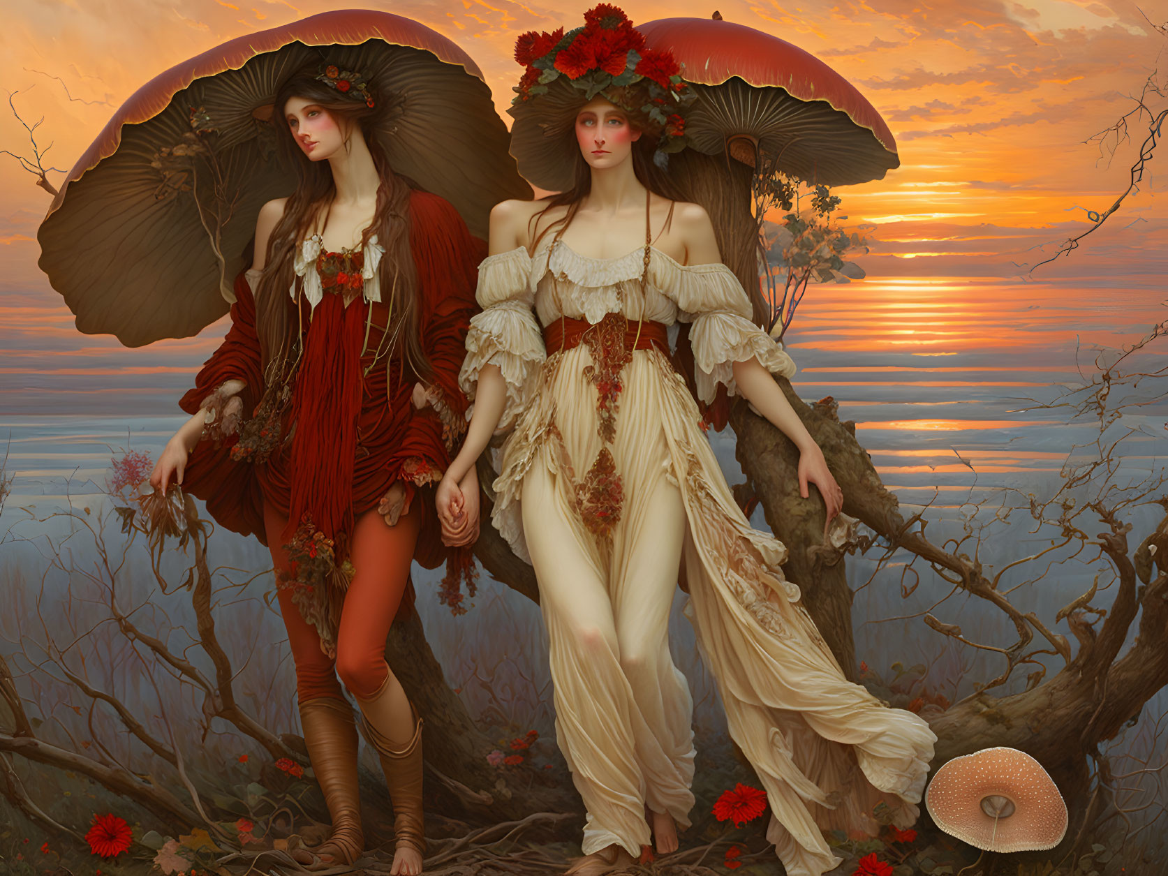 Ethereal women with mushroom and autumn attire in sunset scene