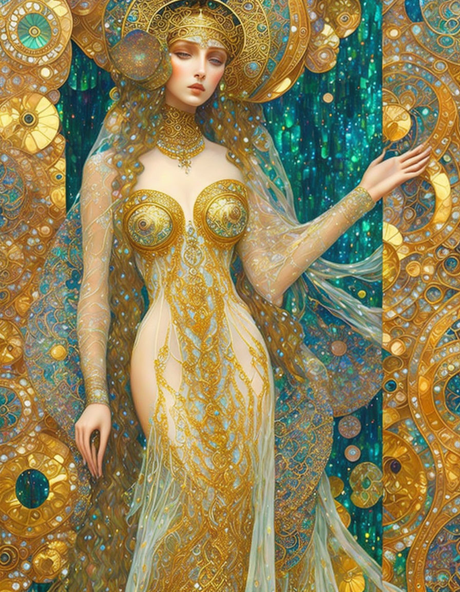 Female Figure with Golden Headdress and Jewelry on Blue and Gold Art Nouveau Background