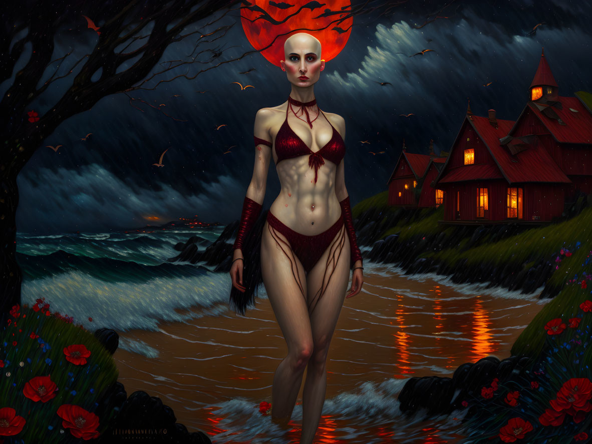 Bald Woman in Red Swimwear by Stormy Sea with Red Flowers