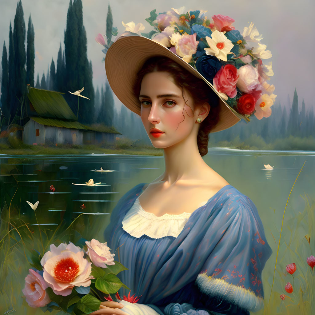 Woman in Blue Dress with Flower Hat by Serene Lake