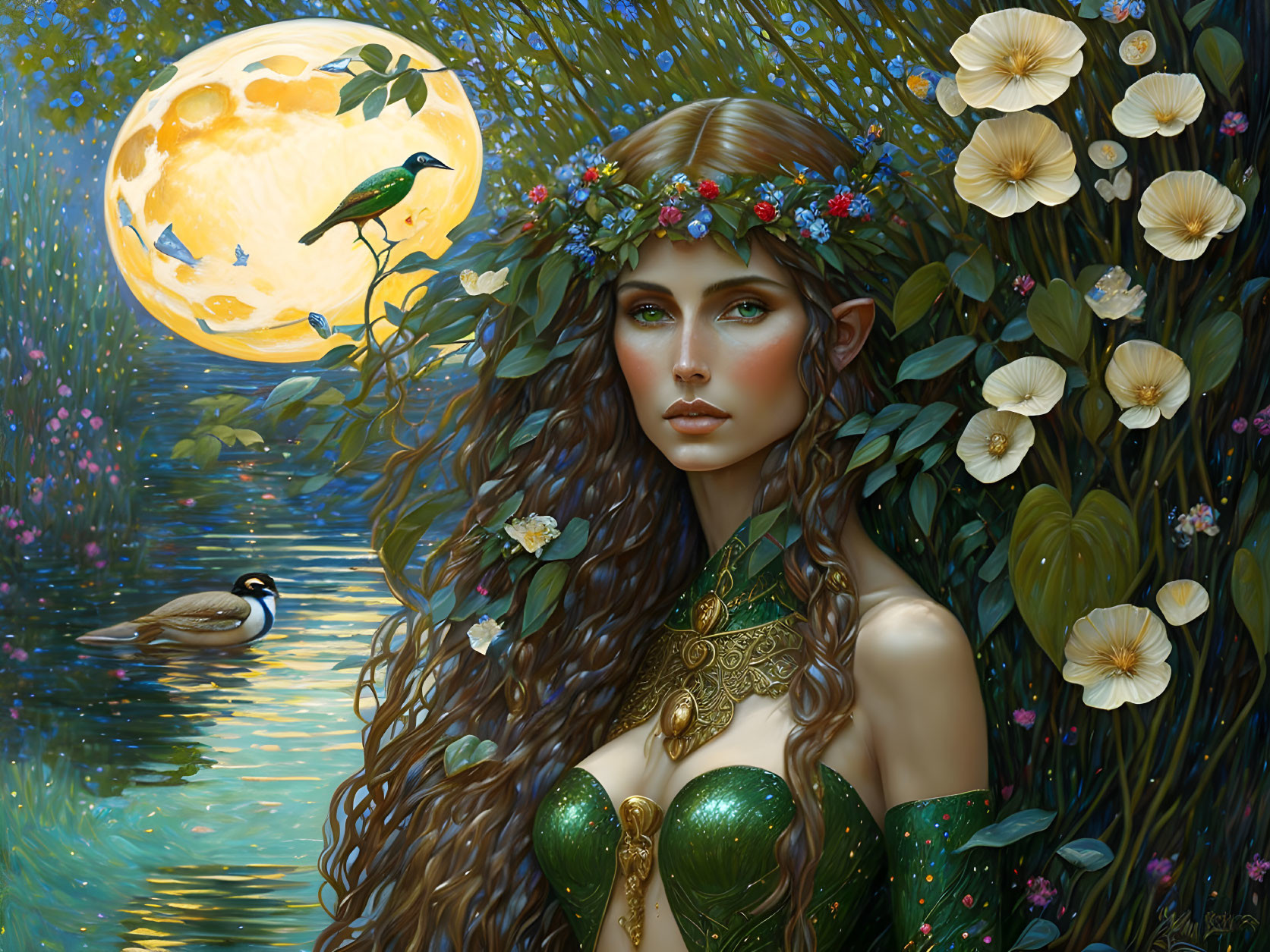 Fantastical portrait of woman with floral wreath by moonlit pond