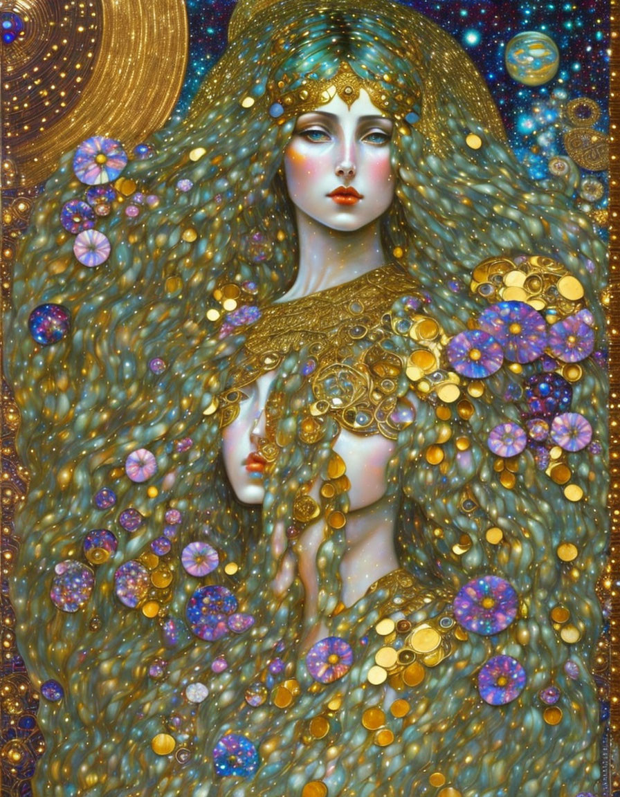 Ethereal artwork featuring woman with gold, jewels, cosmic elements