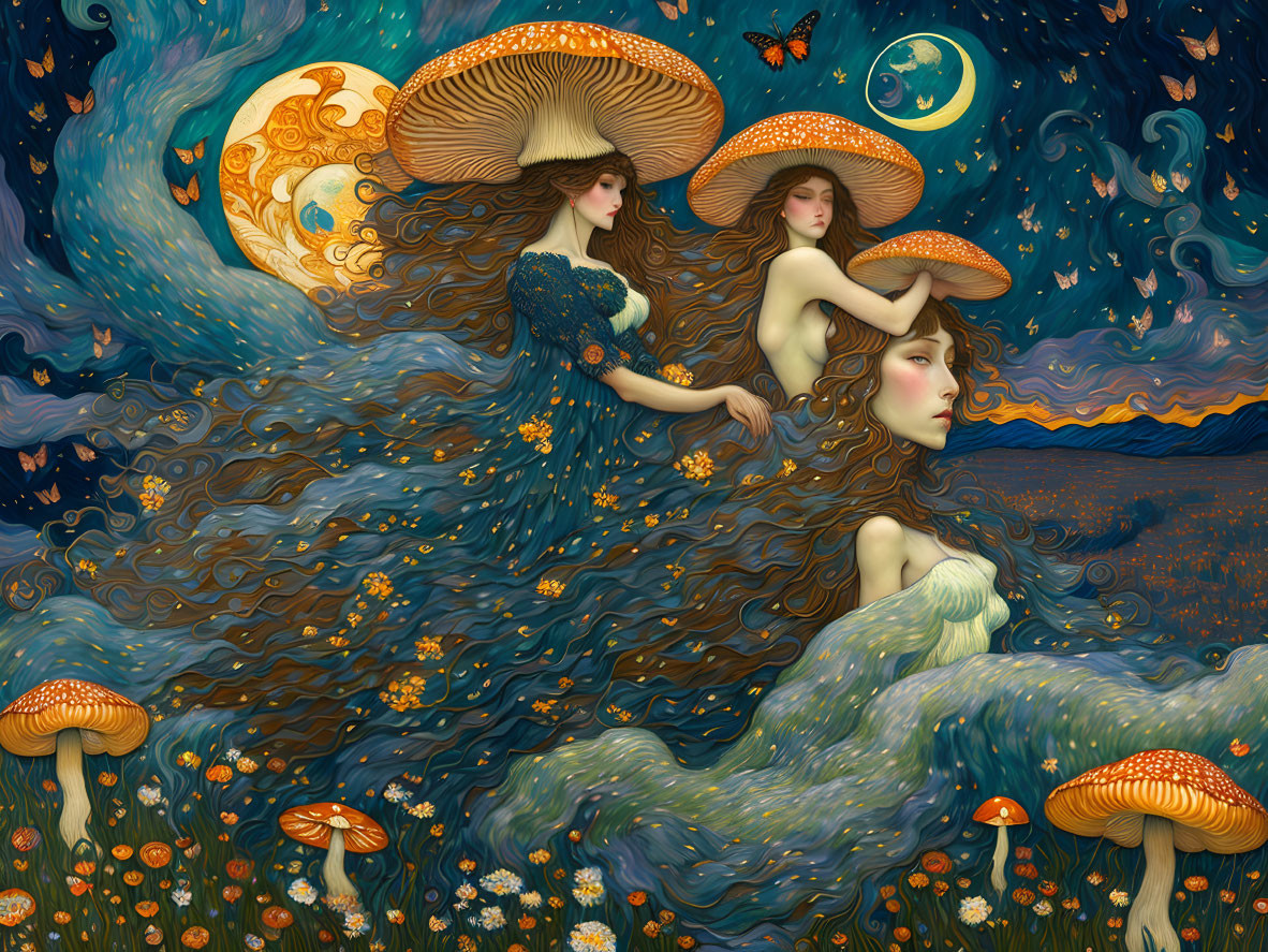 Surreal artwork: three women with mushroom cap hats in starry landscape