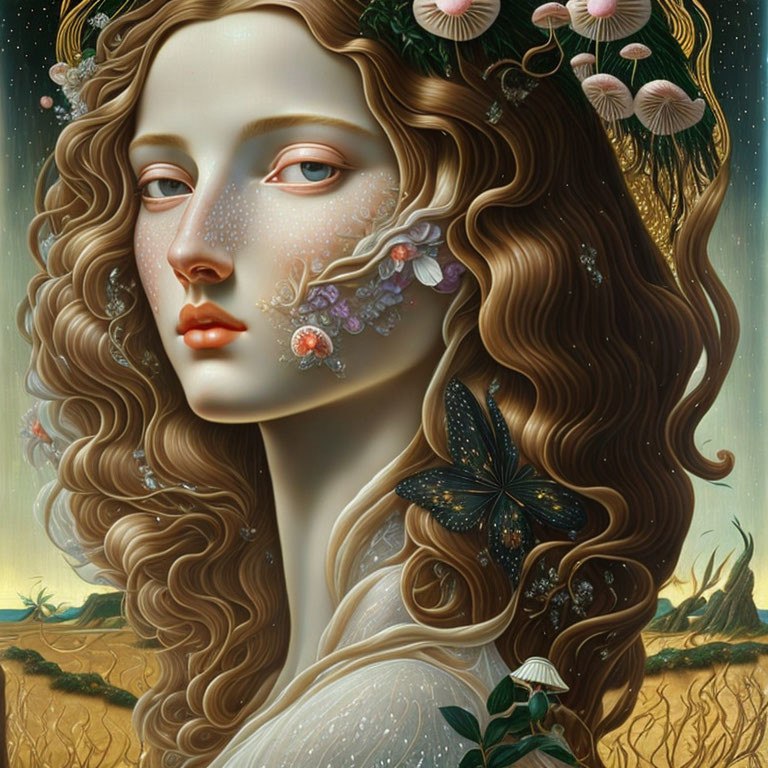 Digital artwork: Woman with curly hair, flowers, mushrooms, butterfly in surreal landscape