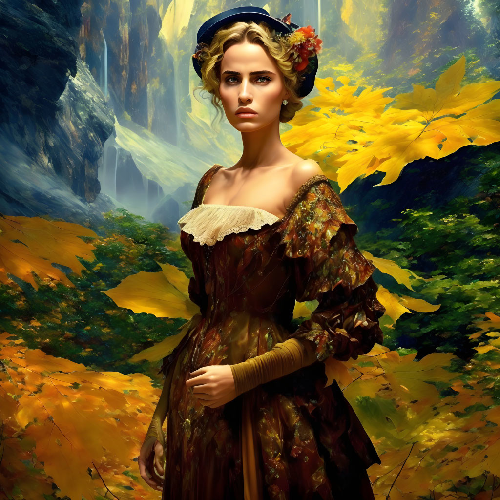 Woman in vintage dress amidst autumn forest with waterfalls, Renaissance-inspired attire