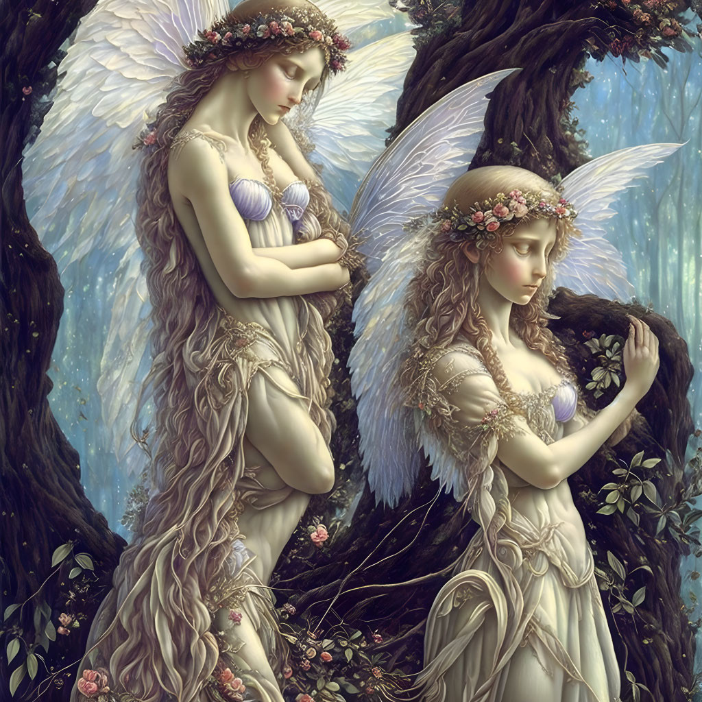 Ethereal angels with long hair and delicate wings in mystical forest