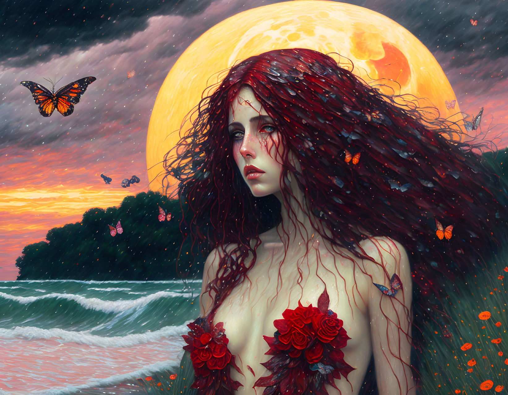 Digital Artwork: Red-Haired Woman with Flowers and Butterflies by Moonlit Ocean