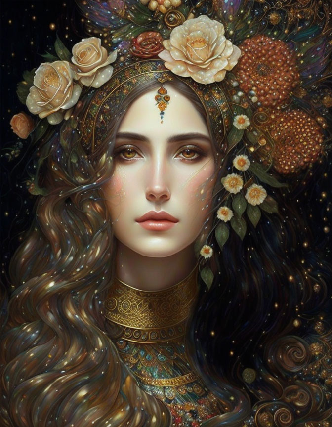 Portrait: Woman with Floral Headpiece & Golden Jewelry