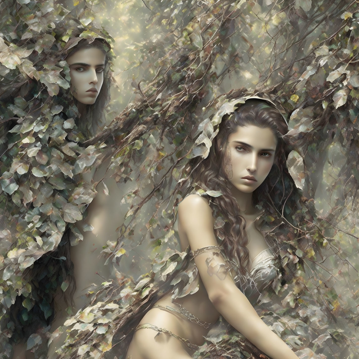 Digital artwork: Two women merge with mystical forest, adorned with leaves, emitting ethereal aura