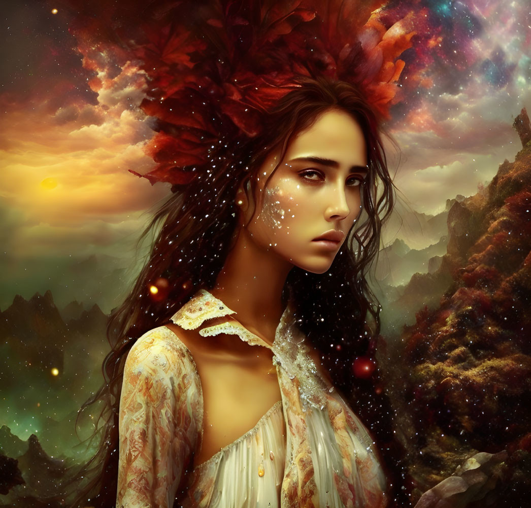 Fantasy portrait of a woman with cosmic, autumnal hair and freckles like stars