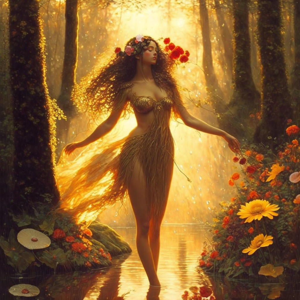 Mystical woman in floral crown in sunlit forest glade