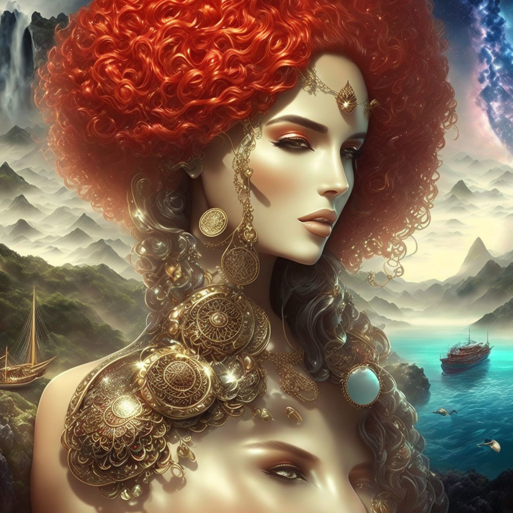 Illustrated woman with red curls and gold jewelry in mountain and ship scenery