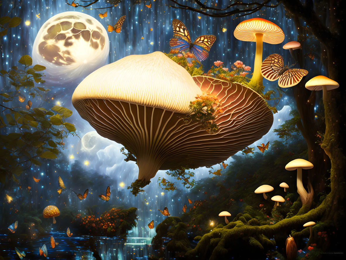 Enchanted forest scene: oversized glowing mushrooms, butterflies, full moon, stars, vibrant foliage